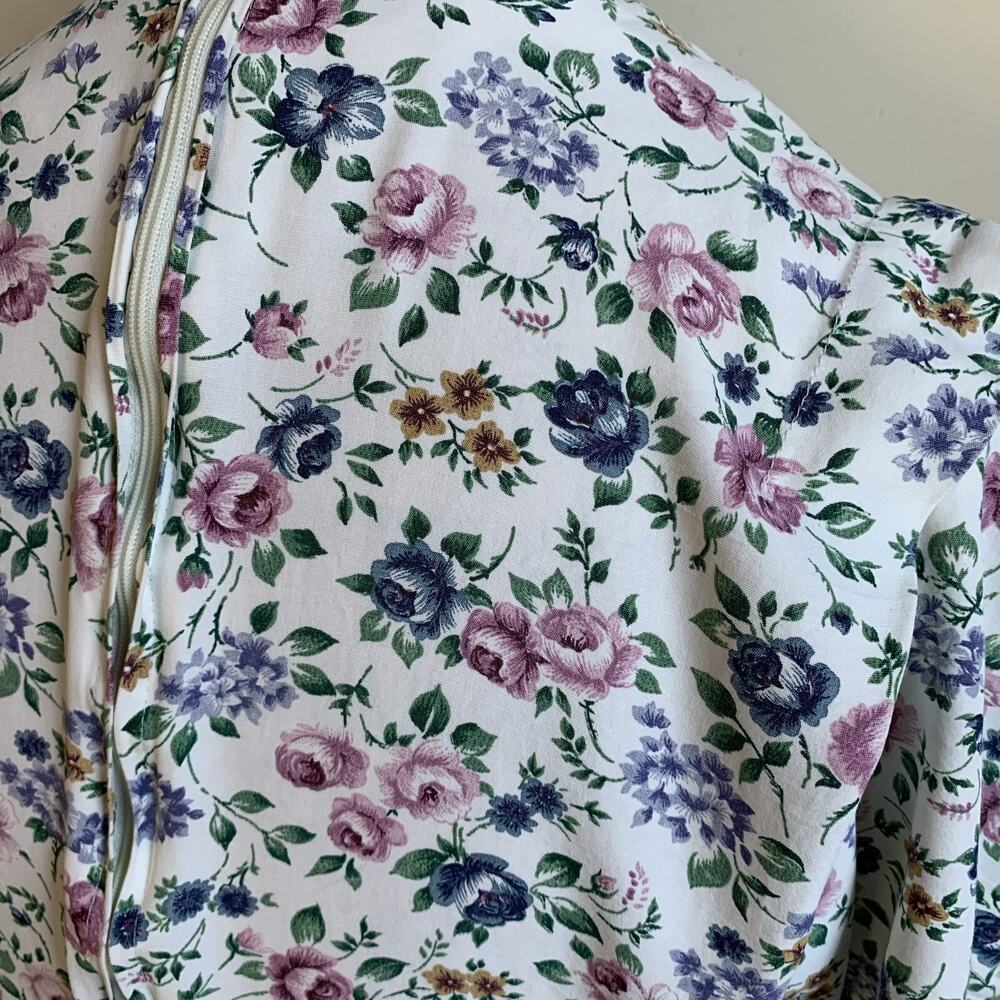 Vintage Periwinkle Floral Midi Dress Womens A-Line Puff Sleeve Belt Cottagecore - Picture 12 of 12